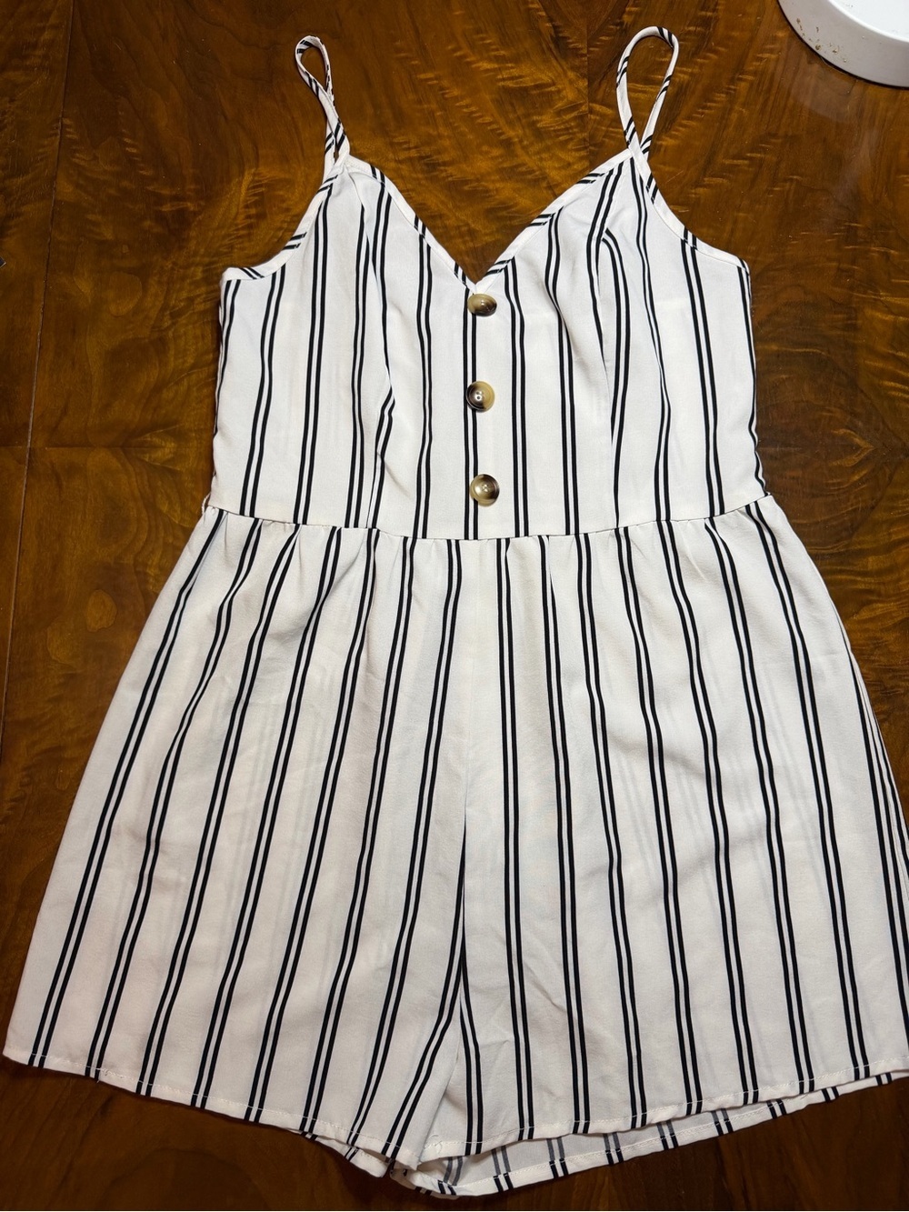 White Navy Stripe Spaghetti Strap Romper | Button Front | Smocked Back | M